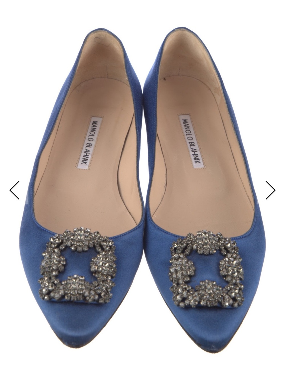 Manolo Blahnik Royal Blue Satin Pointed-Toe Flats with Crystal Buckle